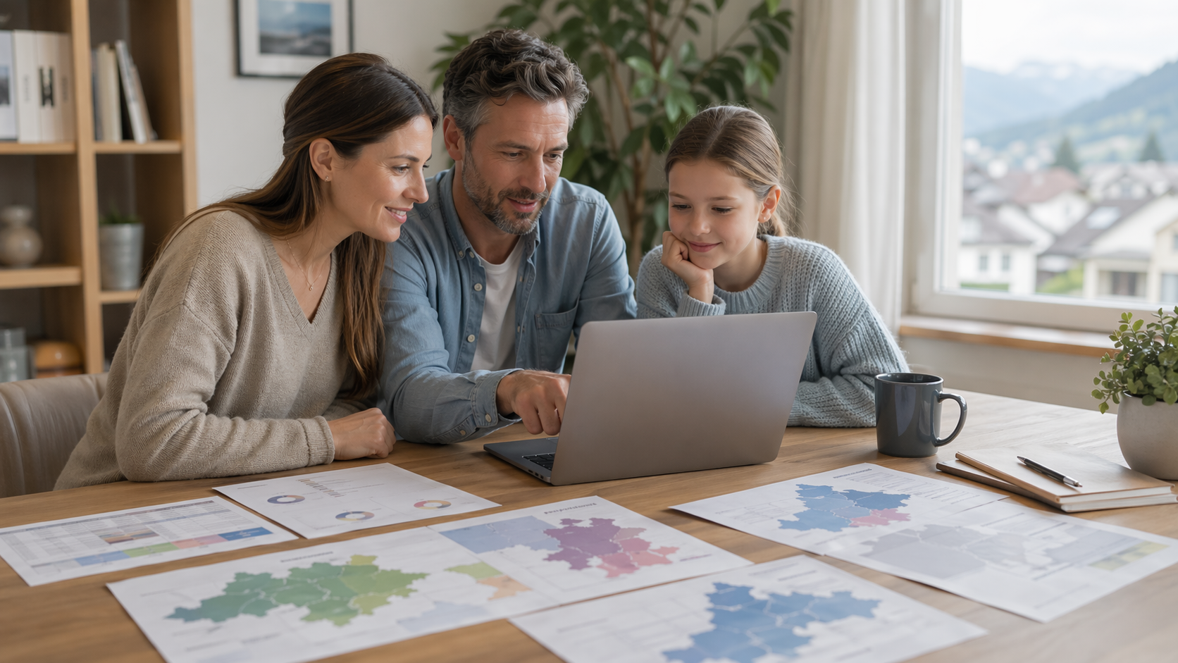 Famille suisse comparant les primes d'assurance maladie par canton sur un ordinateur
