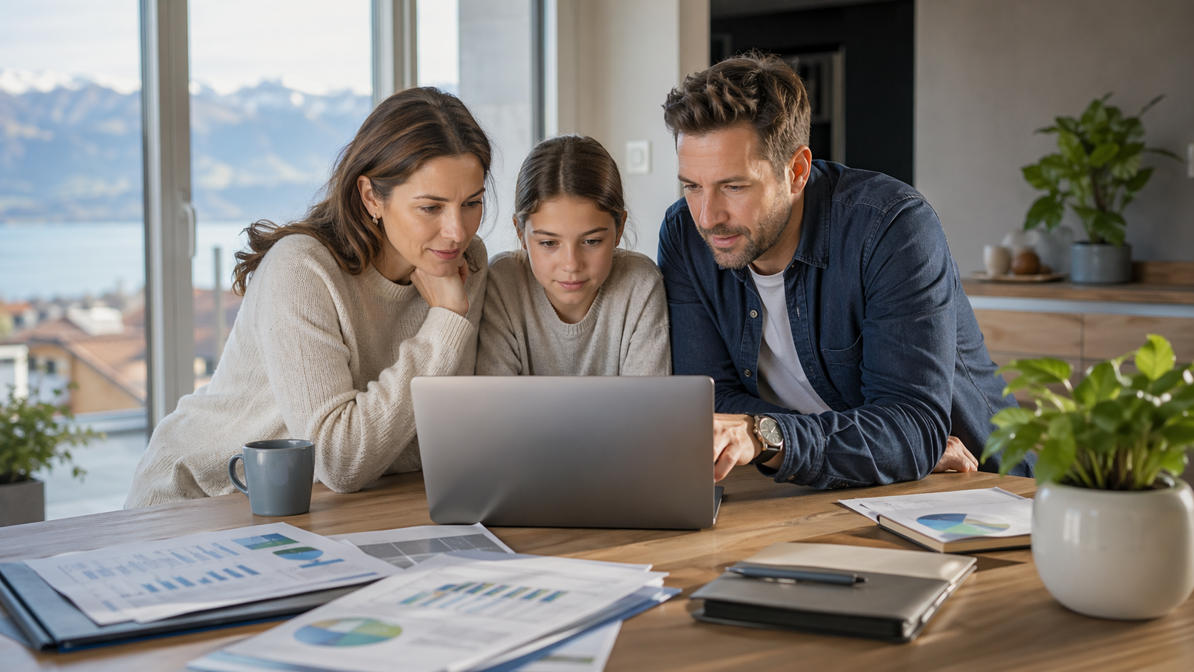 Famille suisse consultant un comparatif d'assurance maladie sur ordinateur