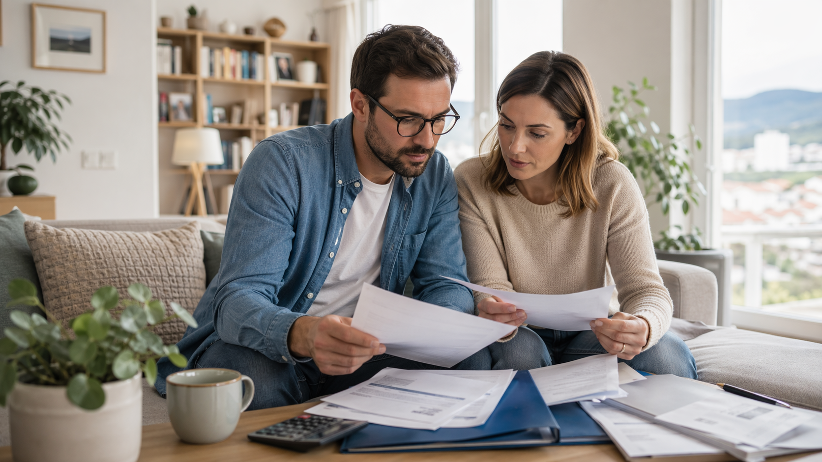 Couple suisse consultant ses documents d'assurance maladie à domicile